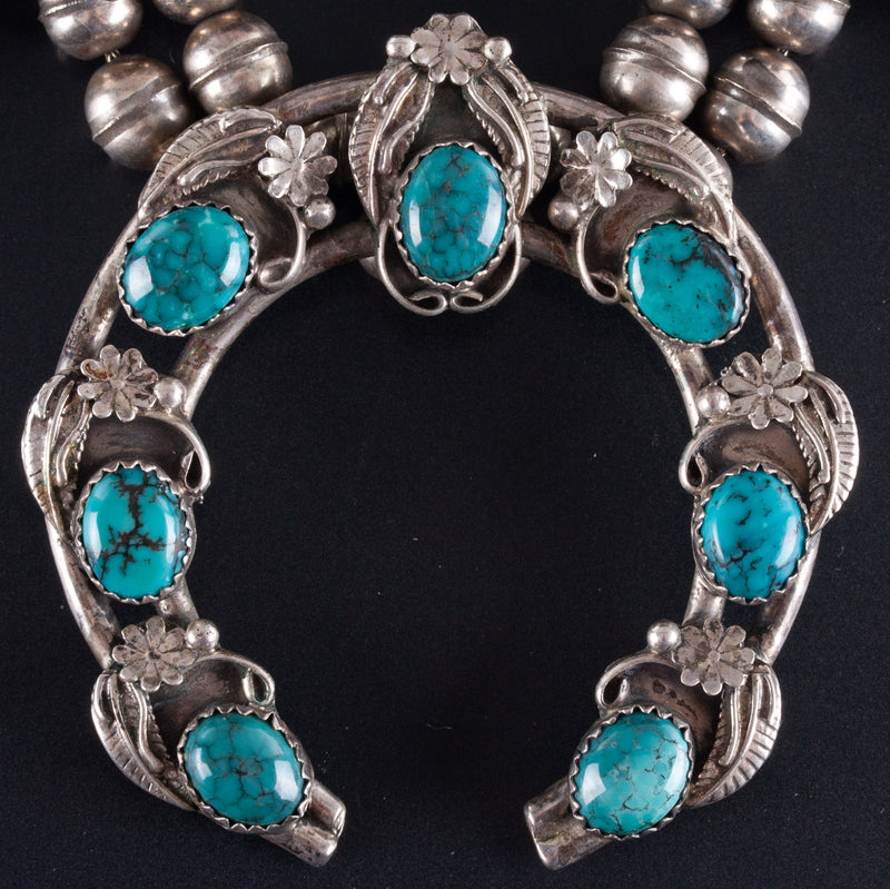 Vintage 1970's Sterling Silver Cabochon Turquoise Navajo Squash Blossom 77.4g