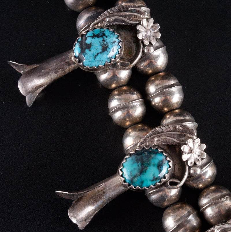 Vintage 1970's Sterling Silver Cabochon Turquoise Navajo Squash Blossom 77.4g