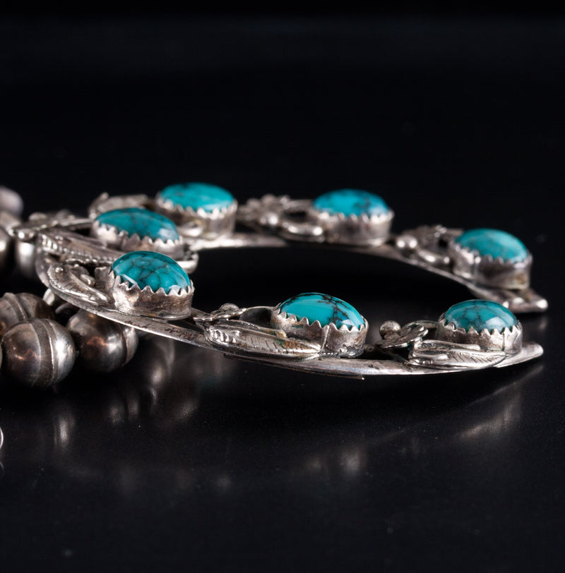 Vintage 1970's Sterling Silver Cabochon Turquoise Navajo Squash Blossom 77.4g