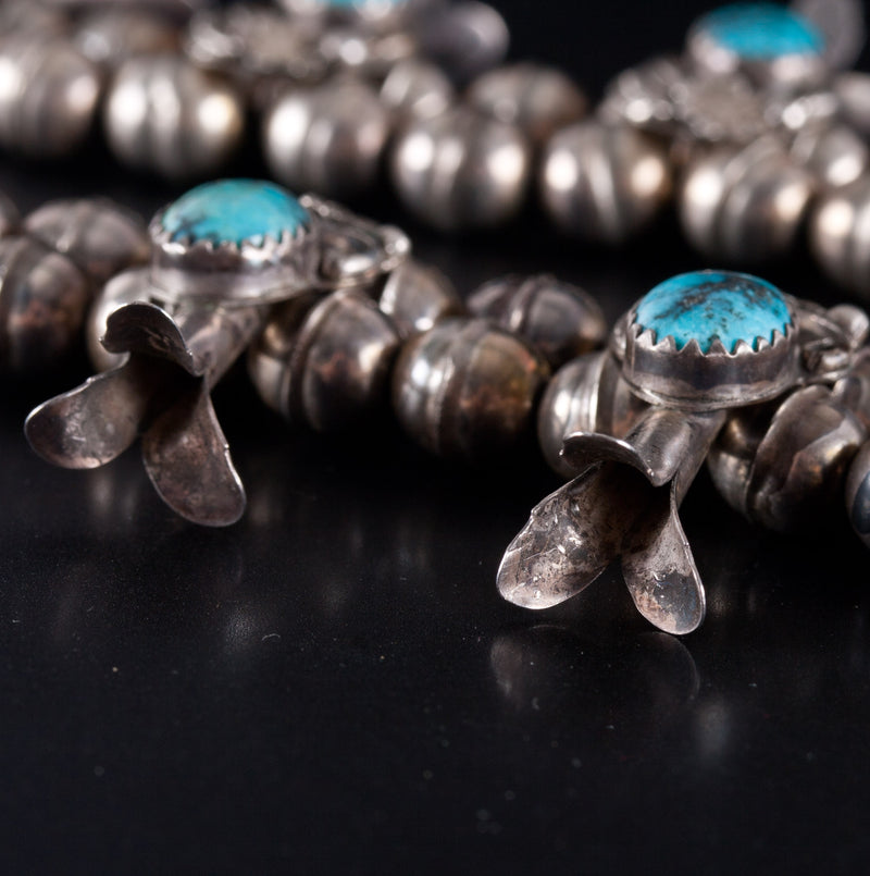 Vintage 1970's Sterling Silver Cabochon Turquoise Navajo Squash Blossom 77.4g
