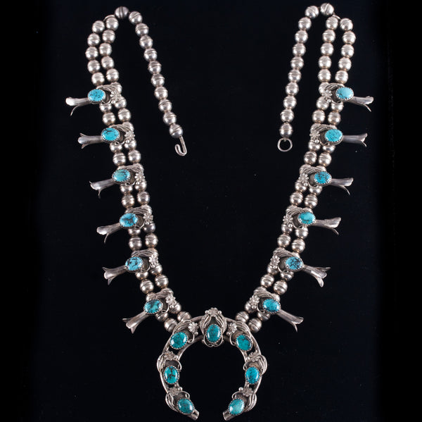 Vintage 1970's Sterling Silver Cabochon Turquoise Navajo Squash Blossom 77.4g