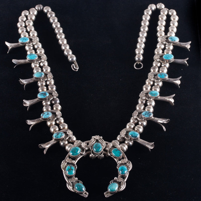 Vintage 1970's Sterling Silver Cabochon Turquoise Navajo Squash Blossom 77.4g