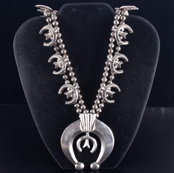 Vintage 1960's Sterling Silver Sand Cast Squash Blossom Necklace 200.8g