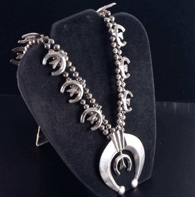 Vintage 1960's Sterling Silver Sand Cast Squash Blossom Necklace 200.8g