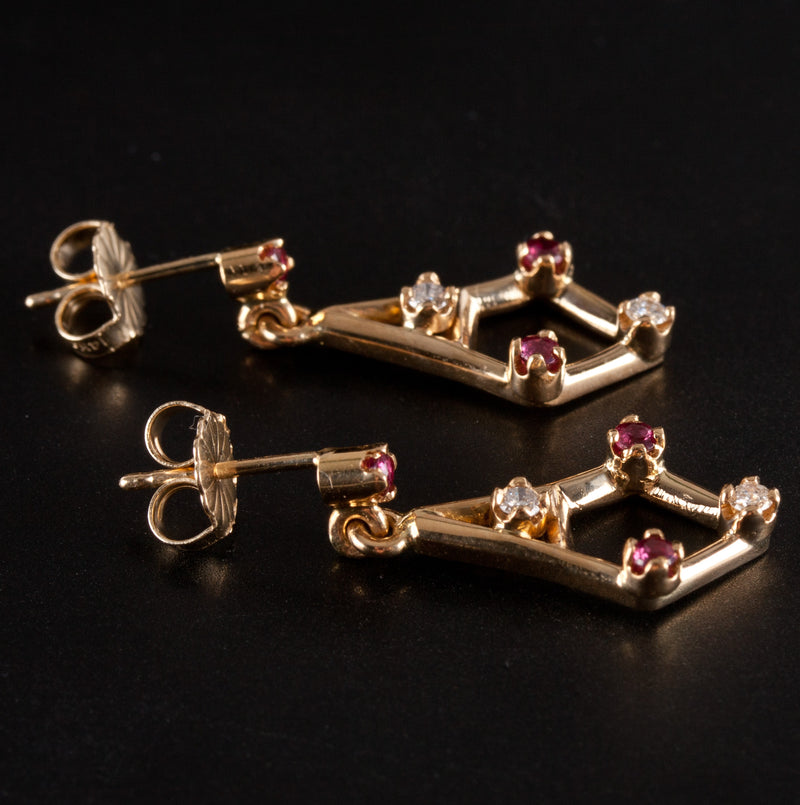14k Yellow Gold Round Ruby Diamond Dangle Style Earrings .30ctw 3.65g