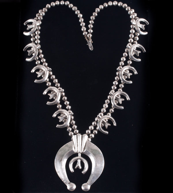 Vintage 1960's Sterling Silver Sand Cast Squash Blossom Necklace 200.8g