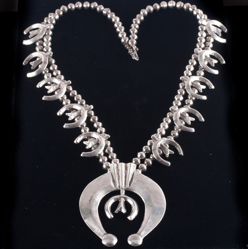 Vintage 1960's Sterling Silver Sand Cast Squash Blossom Necklace 200.8g