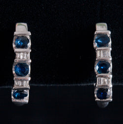 10k White Gold Round Dark Blue Sapphire Diamond Huggie Earrings 1.02ctw 3.05g