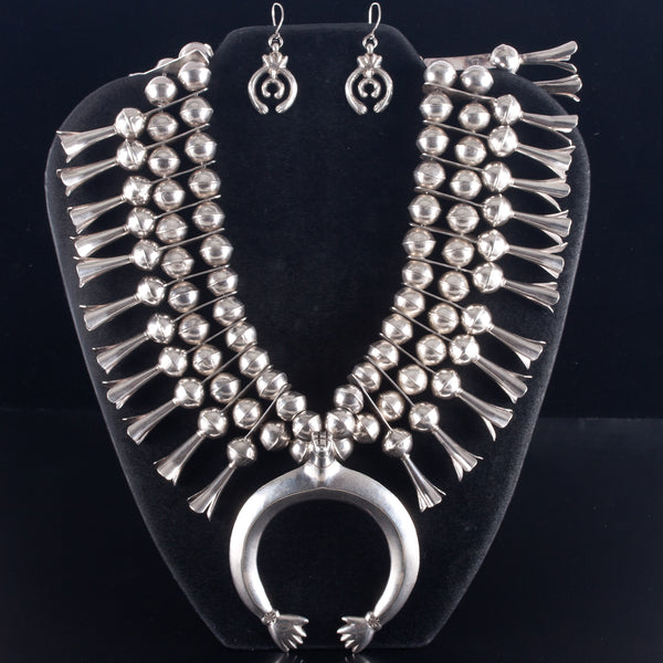 Vintage 1960's Sterling Silver Squash Blossom Necklace Earring Set 219.3g