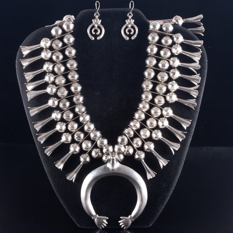 Vintage 1960's Sterling Silver Squash Blossom Necklace Earring Set 219.3g