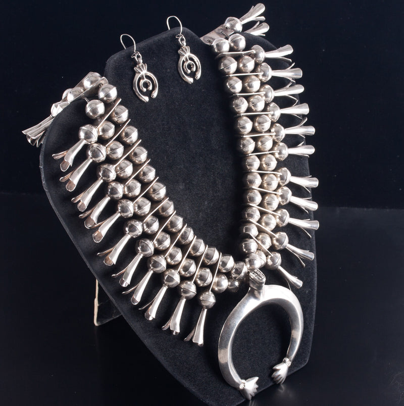 Vintage 1960's Sterling Silver Squash Blossom Necklace Earring Set 219.3g