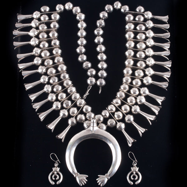 Vintage 1960's Sterling Silver Squash Blossom Necklace Earring Set 219.3g