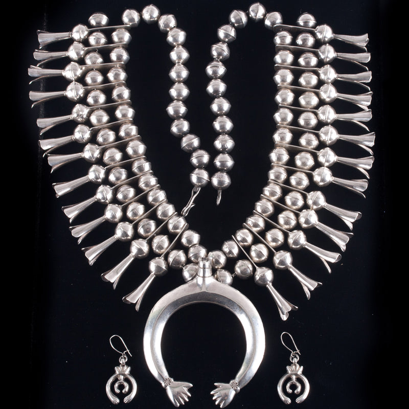 Vintage 1960's Sterling Silver Squash Blossom Necklace Earring Set 219.3g