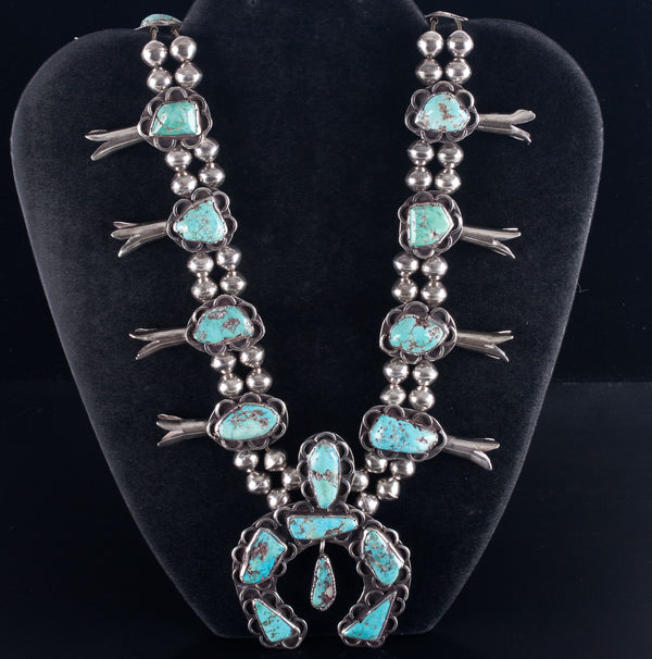 Vintage 1960's Sterling Silver Cabochon Turquoise Squash Blossom Necklace 161.1g