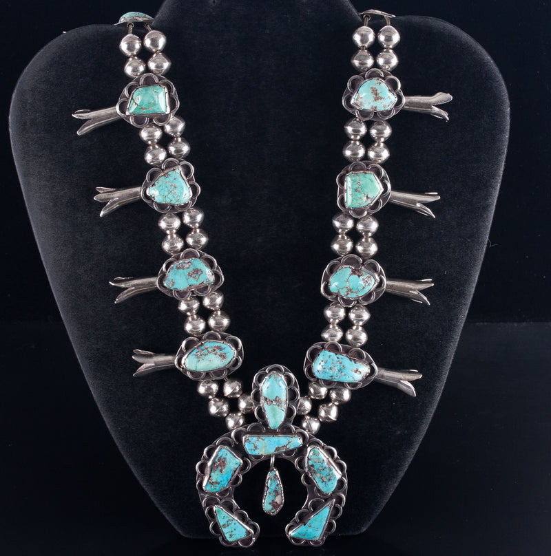 Vintage 1960's Sterling Silver Cabochon Turquoise Squash Blossom Necklace 161.1g