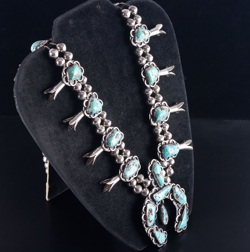 Vintage 1960's Sterling Silver Cabochon Turquoise Squash Blossom Necklace 161.1g