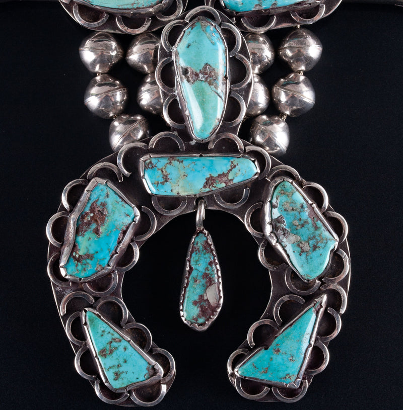 Vintage 1960's Sterling Silver Cabochon Turquoise Squash Blossom Necklace 161.1g