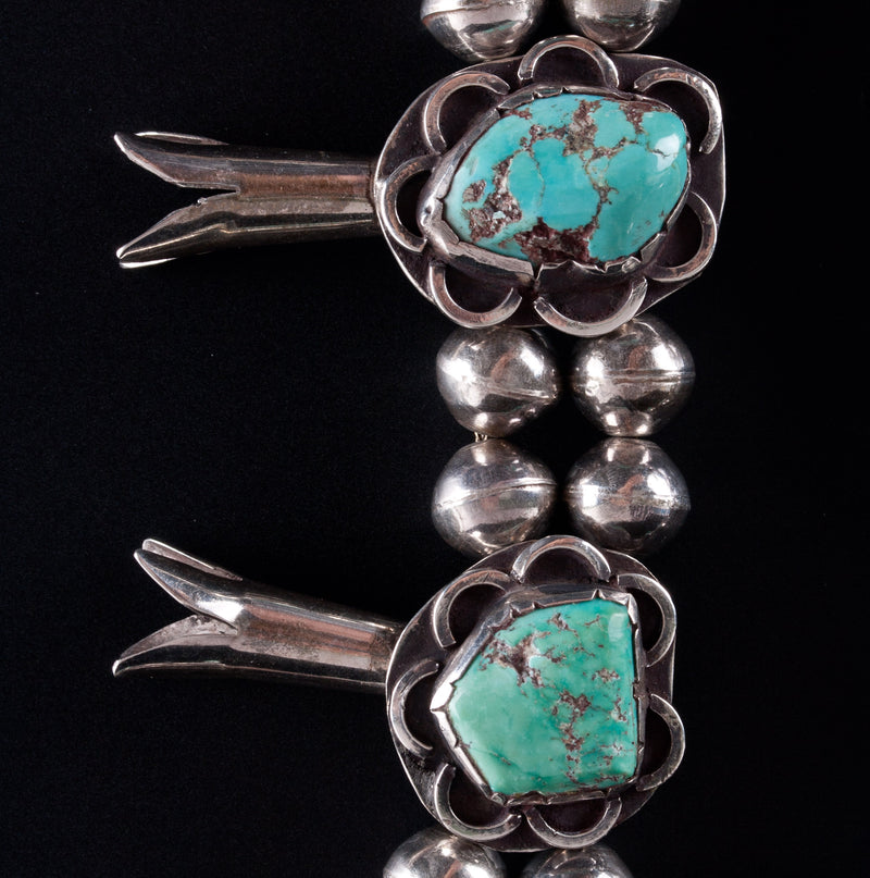 Vintage 1960's Sterling Silver Cabochon Turquoise Squash Blossom Necklace 161.1g