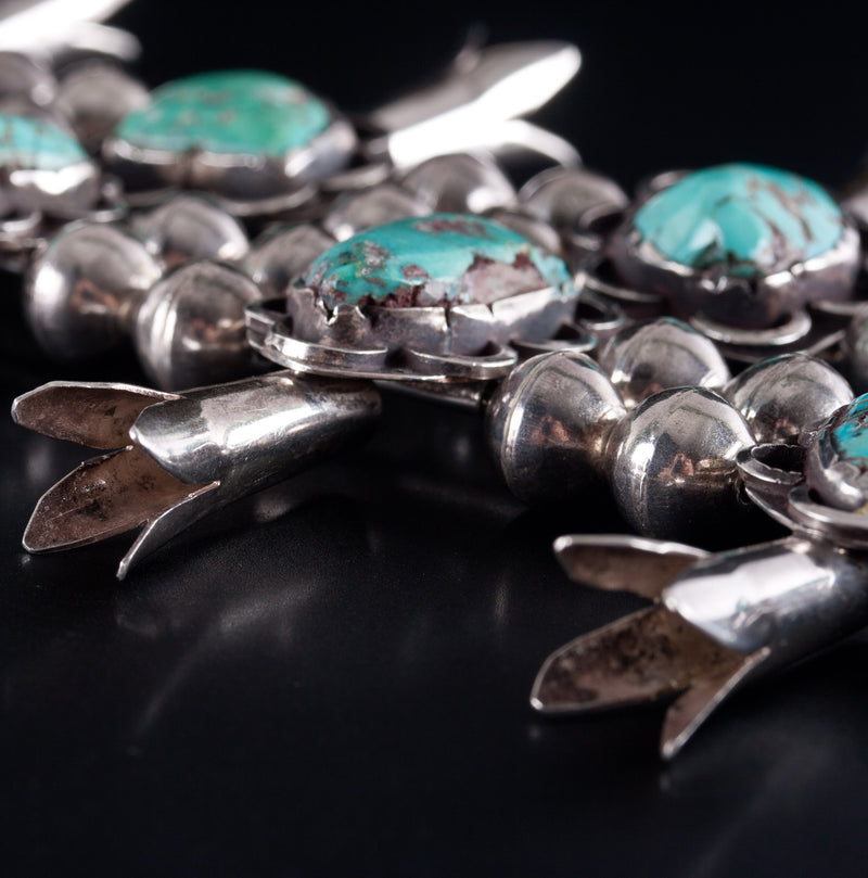 Vintage 1960's Sterling Silver Cabochon Turquoise Squash Blossom Necklace 161.1g