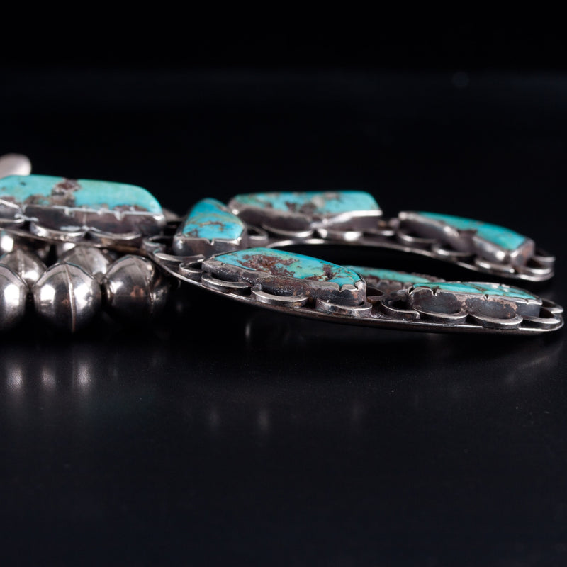 Vintage 1960's Sterling Silver Cabochon Turquoise Squash Blossom Necklace 161.1g