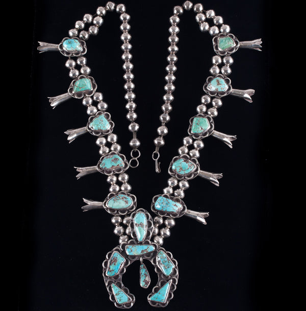 Vintage 1960's Sterling Silver Cabochon Turquoise Squash Blossom Necklace 161.1g