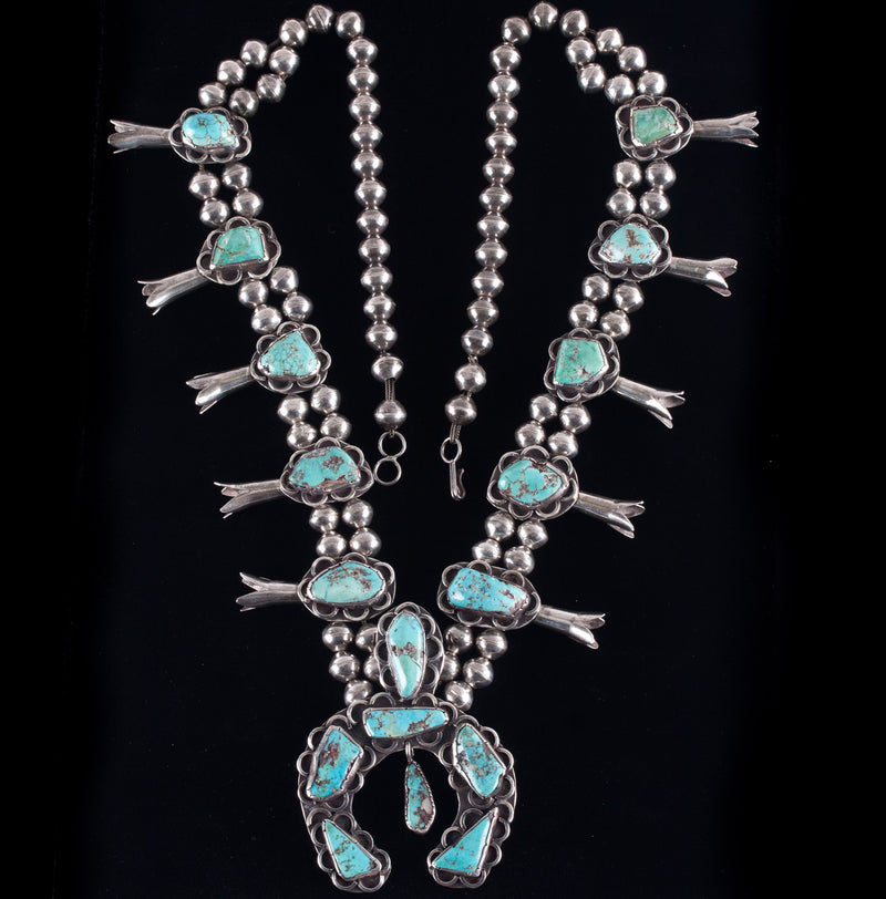Vintage 1960's Sterling Silver Cabochon Turquoise Squash Blossom Necklace 161.1g