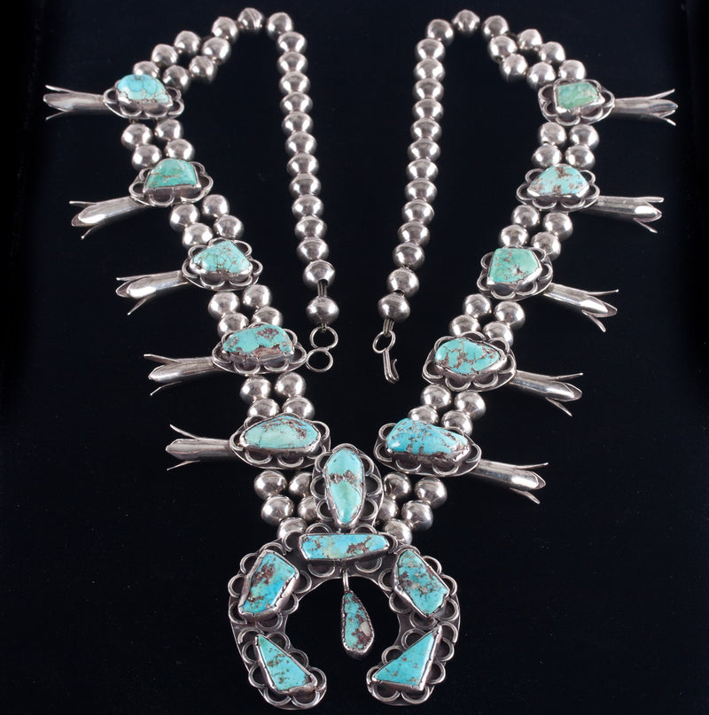 Vintage 1960's Sterling Silver Cabochon Turquoise Squash Blossom Necklace 161.1g