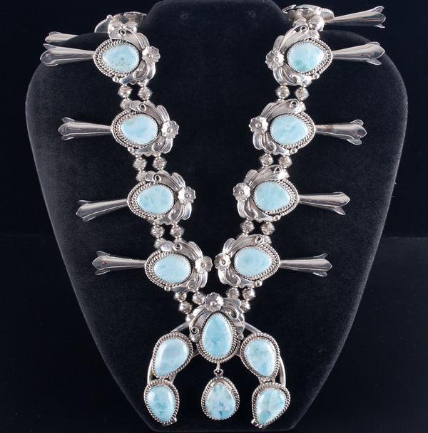 Vintage 1970's Sterling Silver Pear Cabochon Larimar Squash Blossom 234.8g