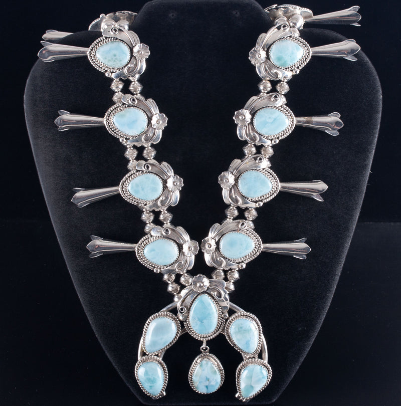 Vintage 1970's Sterling Silver Pear Cabochon Larimar Squash Blossom 234.8g