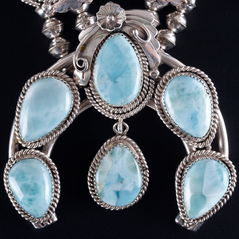 Vintage 1970's Sterling Silver Pear Cabochon Larimar Squash Blossom 234.8g