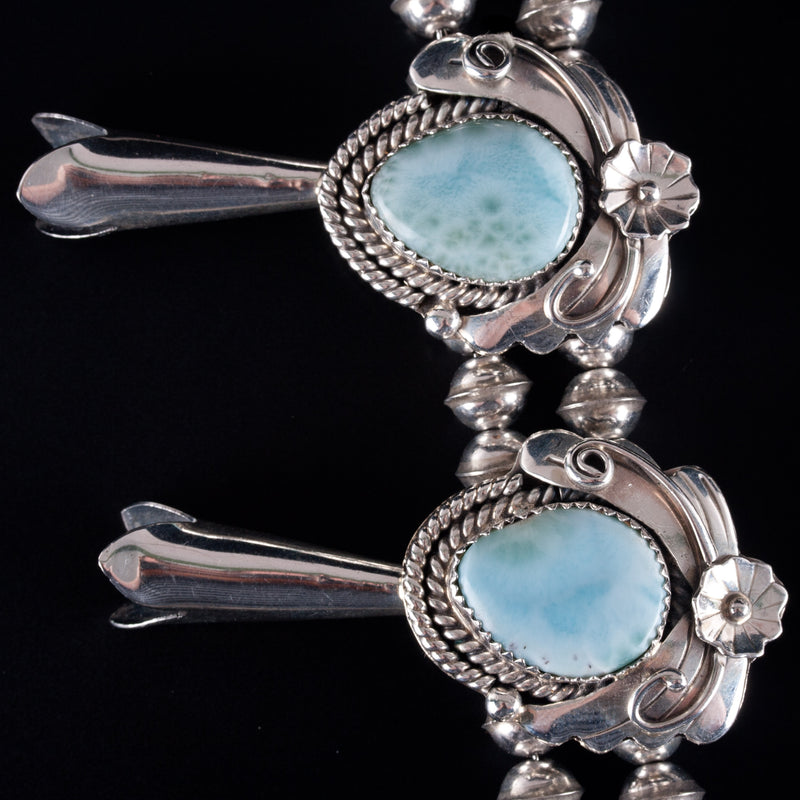 Vintage 1970's Sterling Silver Pear Cabochon Larimar Squash Blossom 234.8g