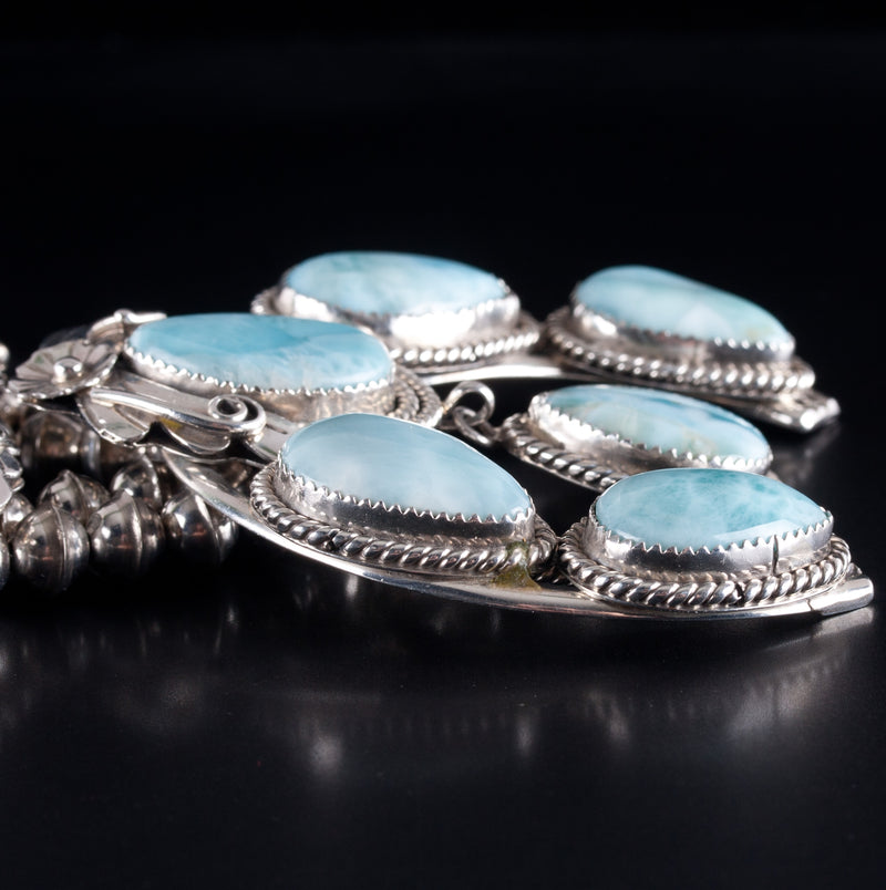 Vintage 1970's Sterling Silver Pear Cabochon Larimar Squash Blossom 234.8g