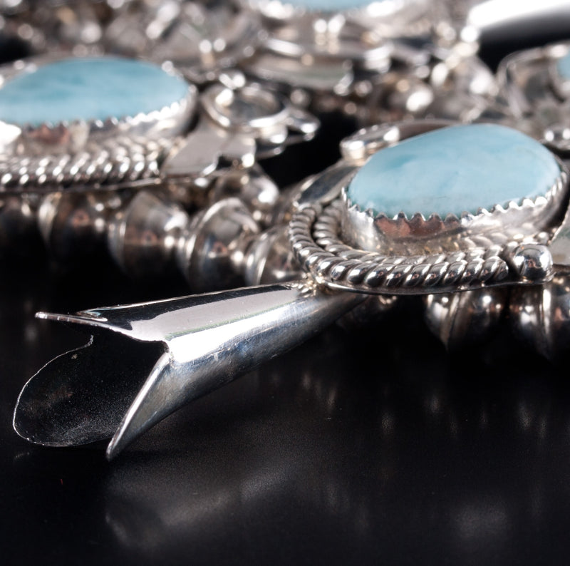 Vintage 1970's Sterling Silver Pear Cabochon Larimar Squash Blossom 234.8g