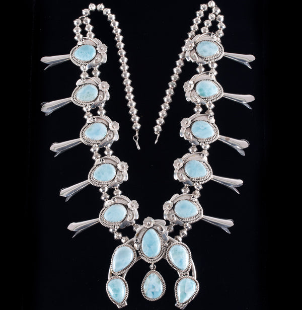 Vintage 1970's Sterling Silver Pear Cabochon Larimar Squash Blossom 234.8g