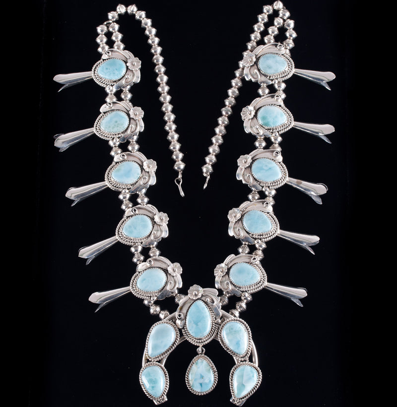 Vintage 1970's Sterling Silver Pear Cabochon Larimar Squash Blossom 234.8g