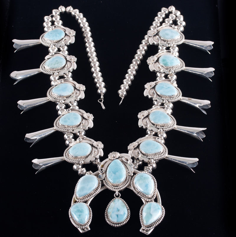 Vintage 1970's Sterling Silver Pear Cabochon Larimar Squash Blossom 234.8g