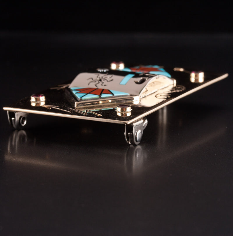 14k Yellow White Gold Ruby Diamond Turquoise Coral Jet Belt Buckle 1.13ctw