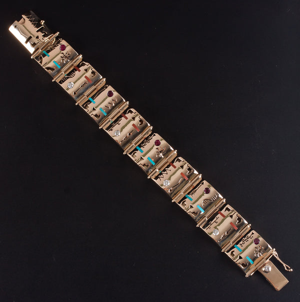 14k Yellow Gold Ruby Diamond Turquoise Coral Native American Bracelet 3.2ctw