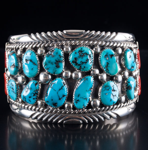 Vintage 1970's Tommy Moore Sterling Silver Turquoise Coral Cuff Bracelet 130.4g