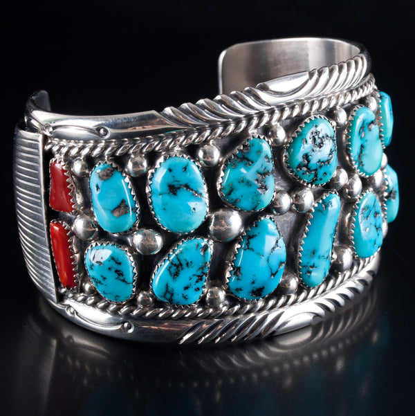 Vintage 1970's Tommy Moore Sterling Silver Turquoise Coral Cuff Bracelet 130.4g