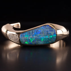 14k Yellow Gold AAA Crystalline Boulder Opal Diamond Cuff Bracelet 63.85g