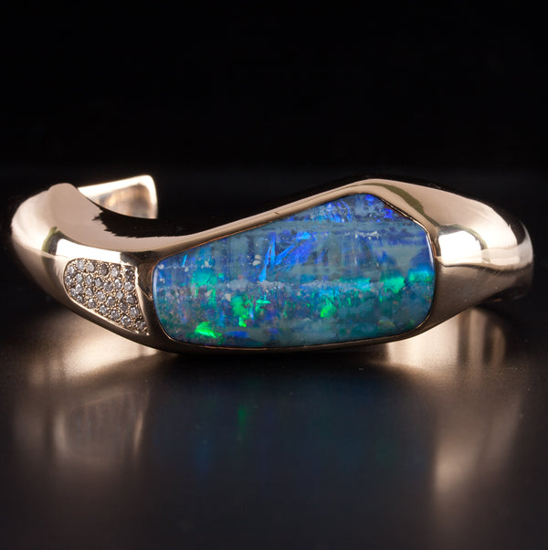 14k Yellow Gold AAA Crystalline Boulder Opal Diamond Cuff Bracelet 63.85g
