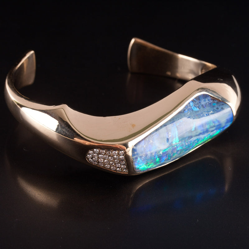 14k Yellow Gold AAA Crystalline Boulder Opal Diamond Cuff Bracelet 63.85g