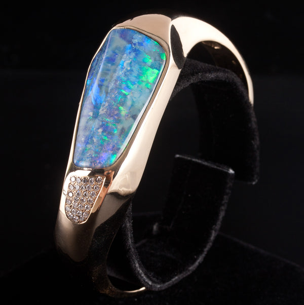 14k Yellow Gold AAA Crystalline Boulder Opal Diamond Cuff Bracelet 63.85g