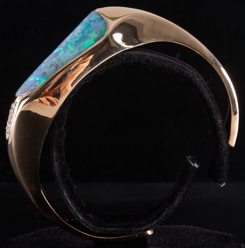 14k Yellow Gold AAA Crystalline Boulder Opal Diamond Cuff Bracelet 63.85g
