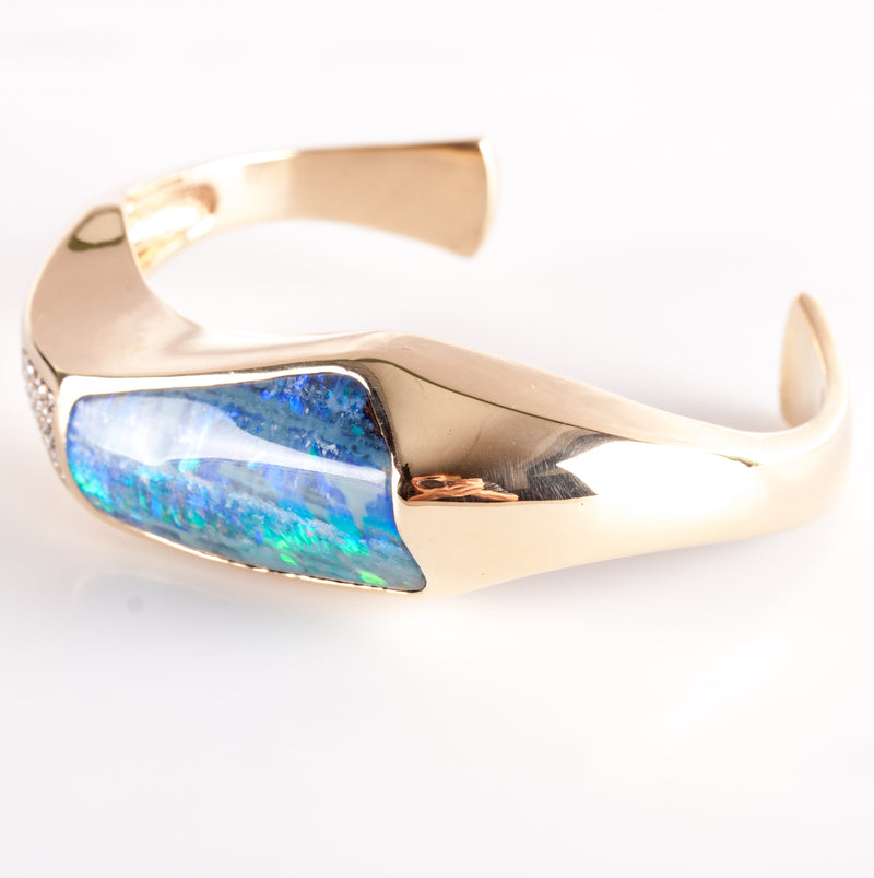 14k Yellow Gold AAA Crystalline Boulder Opal Diamond Cuff Bracelet 63.85g
