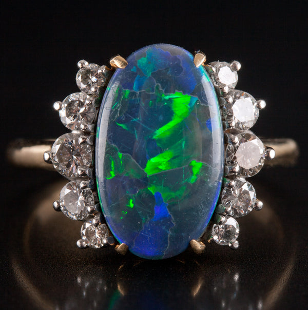 18k Yellow Gold Platinum Cabochon AAA Boulder Opal Diamond Ring 3.81ctw 5.45g