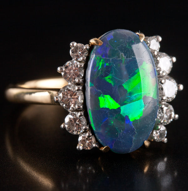 18k Yellow Gold Platinum Cabochon AAA Boulder Opal Diamond Ring 3.81ctw 5.45g