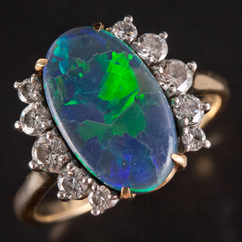 18k Yellow Gold Platinum Cabochon AAA Boulder Opal Diamond Ring 3.81ctw 5.45g