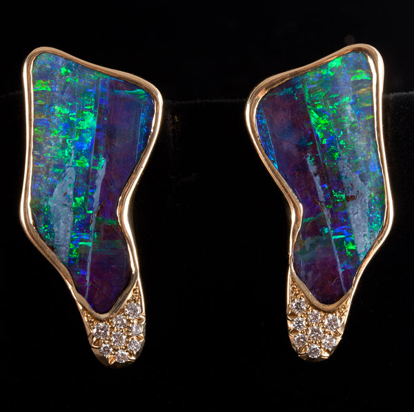 14k Yellow Gold Crystalline Boulder Opal Diamond Earrings W/ Omega Backs 22.35g